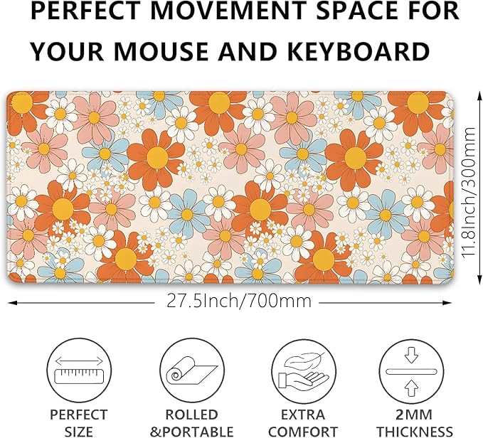 Vintage Floral Daisy Desk Mat, Retro Flower Mouse Mat, Gaming Mouse Pad for Computer, Office, Home Work