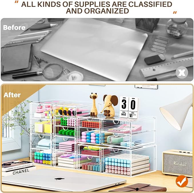 Makeup Organizer Storage With 16 Drawers, 4 Pcs Desktop Office Supplies, Desk Organizers, Clear Accessories, Dustproof Drawer and for Make Up, Jewelry, Pen, Stationary