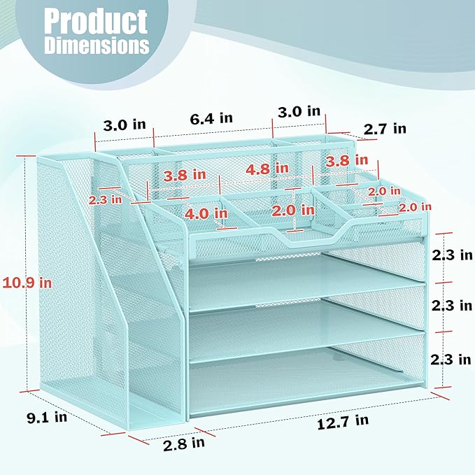 Docnest 4 Tier Mesh Desk Organizer with File Holder – Multi-Functional Paper Letter Tray with 5 Adjustable Compartments, 3 Pen Holders, Desktop Storage for Files, Mail, Stationery – Blue