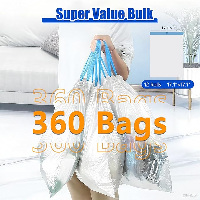 Small Trash Bags 2 Gallon, 360 Count -1.2 Mil Drawstring Mini Garbage Bags, White Plastic Trash Can Liners for Bathroom Accessories, 7.5 Liter, Bedroom, Dorm Room Essentials, Office