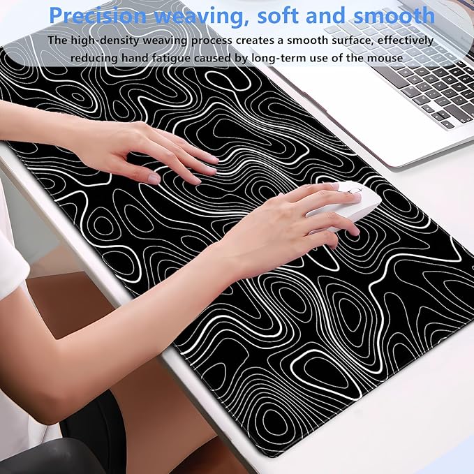 Black Topographic Map Desk Mat - Large Extended XL Gaming Mouse Pad with Stitched Edges, Full Desk Keyboard Mat for Laptop Computer, Abstract Art Desk Decor (31.5"x15.7")
