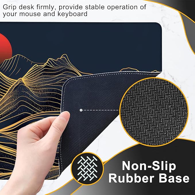 Gaming Mouse Pad, Abstract Golden Mountains and Red Sun Large Desk Mat for Keyboard and Mouse,Non-Slip Rubber Base and Stitched Edges Desk Pad for Home Office 35.4x15.7in