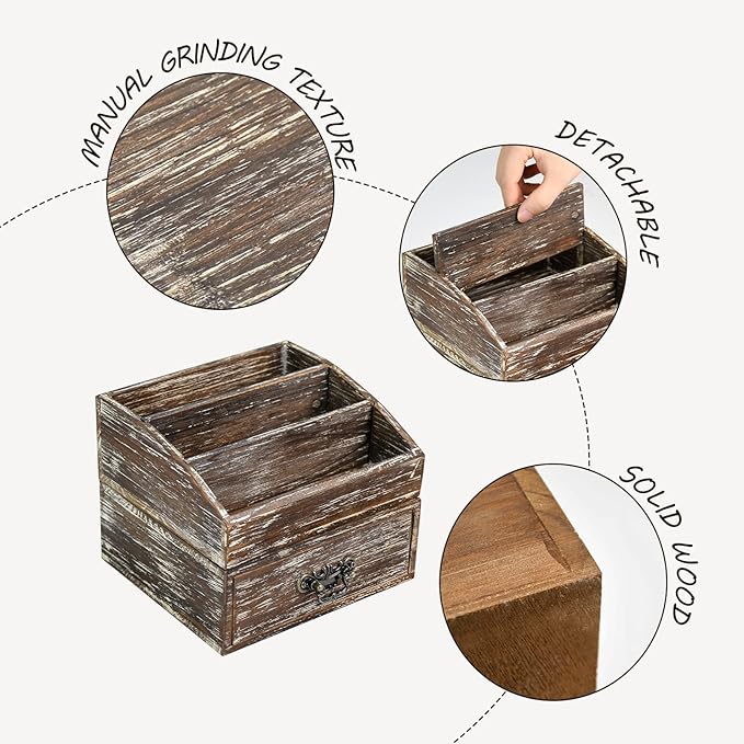 Office Desk Organizer with Drawers & Dark Brown Vintage Wood Desktop Storage Caddy 2pcs/set Workspace Supplies Farmhouse Mail Countertop Organizer Makeup Storage Box for Home Decor Supplies Vanity……