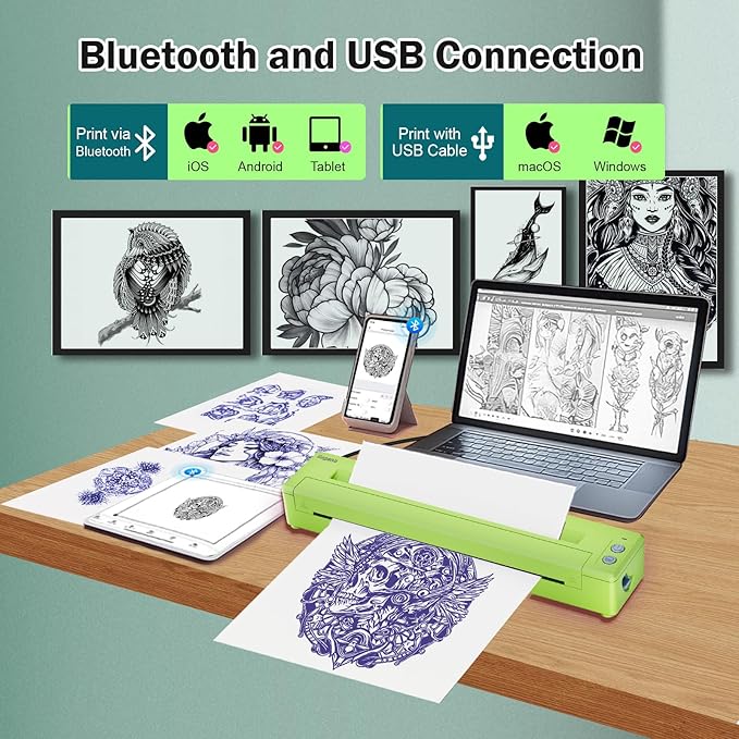 Bagana Tattoo Transfer Printer Thermal Bluetooth Wireless Temporary Tattoo Stencil Printer Machine Kit for Tattoo Artists & Beginners