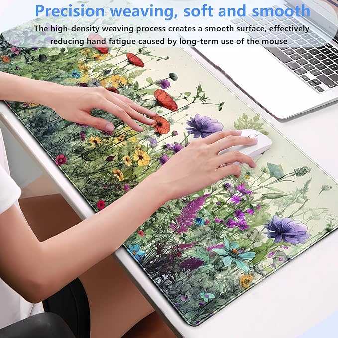 Boho Floral Desk Pad Watercolor Flowers Desk Mat XL Large Gaming Mousepad Extended Aesthetics Laptop Computer Keyboard and Mouse Pad Office Desk Decor for Women 31.5 x 15.7 in