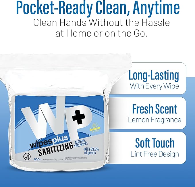 WIPESPLUS Hand Sanitizing Wipes Refill Bag Alcohol-Free Wipe for Restaurant and Retail, 3200 Count, (4 Packs of 800 Sheets)