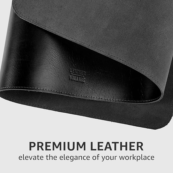 LEATHER VILLAGE -32''X16 Real Leather Desk Mat for Desktop & Laptop, with Leather Tray & Tea Coaster, 3mm Thick Desk Cover-Protector-Blotter- Black Color
