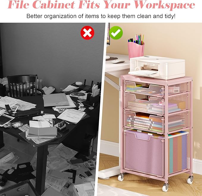 4 Drawer Rolling File Cart Under Desk Storage, File Cabinets for Home Office, Mobile Filing Cabinet, Hanging File Organizer with Wheels, Utility Cart Printer Stand, Pink (Patent Pending)