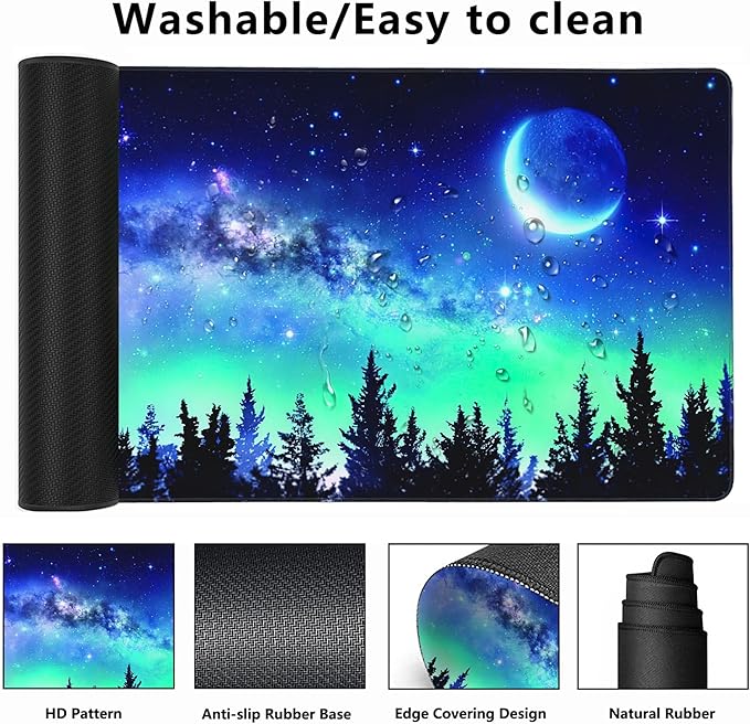 MIOAOSRT Desk Mat,Milky Way and Moon in Night Forest Large Gaming Mouse Pad with Stitched Edges,Non-Slip Computer Mouse Pad for Desk,Extended XXL Keyboard and Mouse Pad 35.4x15.75 in