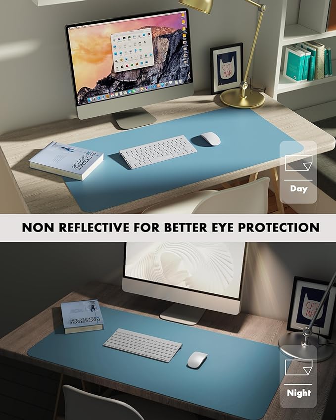 YSAGi Double-Sided Desk Pad, 31.5"x15.7"Leather Desk Mat, Eco Cork Desk Pad Protector,Large Mouse Pad,Waterproof Desk Blotter for Office/Home(Sea Blue)