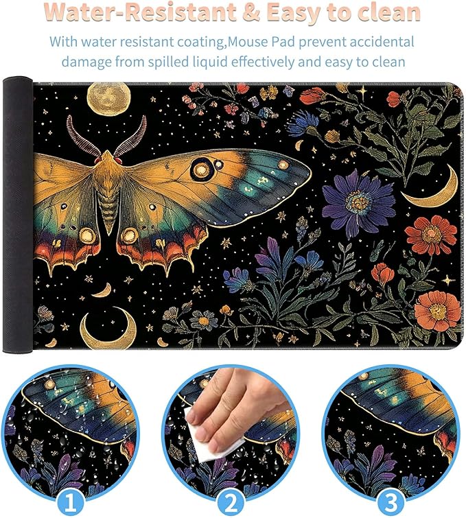 Desk Mat Large Gaming Mouse Pad (31.5x11.8 inch) with Stitched Edges, XL Mouse Pad +Coaster, Extended Mouse Mat Keybroad Mousepad Non-Slip Rubber for Gamer Men Women, Moth Moon Wild Flowers