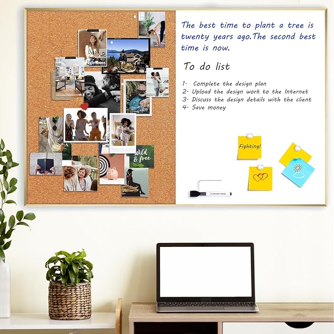 ARCOBIS Cork Board White Board Combo, 36 x 24 Inch Bulletin Board-Gold Frame, Magnetic Dry Erase Board & Corkboard for Wall, Vision Board for Home, Office, School