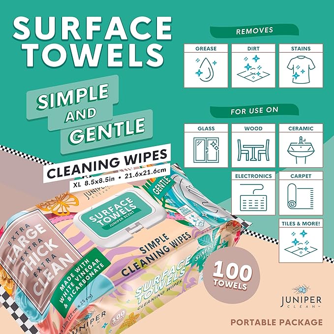 6 Packs Surface Cleaning Wipes Bleach Free, Thick & Large Dispose, All-Purpose Cleaner for Bathroom, Kitchen, Office, 600 Count Soft Flow, Biodegradable, Juniper Scent
