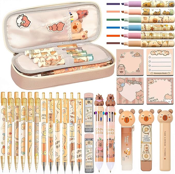 Capybara Stationery Set,Cute Capybara School Supplies,Kawaii Stationery Birthday Gifts,Includes Ballpoint Pens,Eraser, Mechanical Pencils,Correction Tape,Gel Pens,Scissors,for Office School Supplies