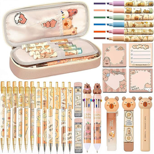 Capybara Stationery Set,Cute Capybara School Supplies,Kawaii Stationery Birthday Gifts,Includes Ballpoint Pens,Eraser, Mechanical Pencils,Correction Tape,Gel Pens,Scissors,for Office School Supplies