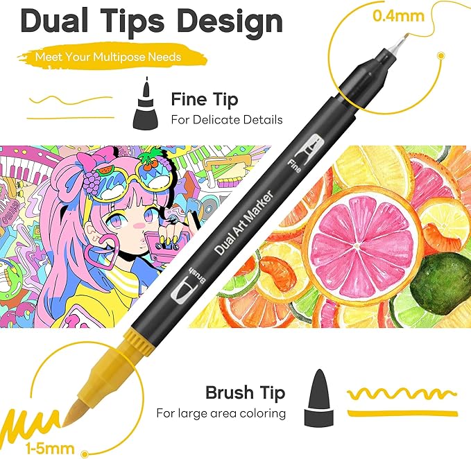Art Markers Pens Brush Tip - 120 Color Dual Brush Pen and Fine Tip Marker for Coloring Drawing Journaling Lettering - Markers for Adults Kids Coloring Books No Bleeding Art Supplies Set