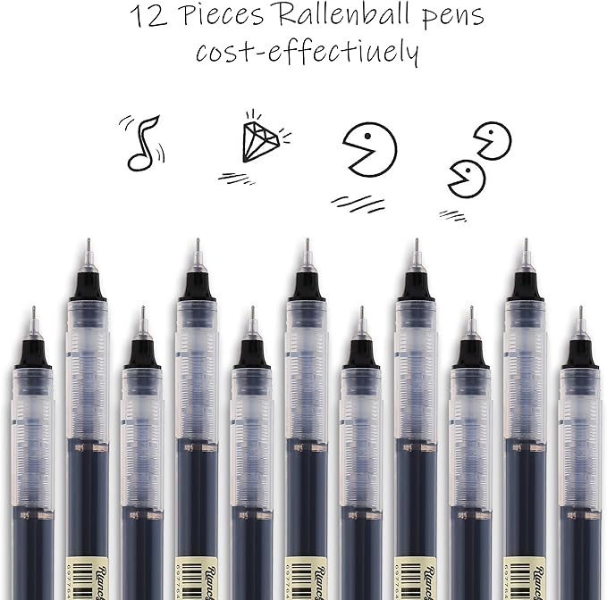 RIANCY 12 Pack Black Liquid Ink Rollerball Gel Pens, 0.5mm Extra Fine Point Tip, Smooth Writing Quick Drying No Smear No Bleed for Journaling, Drawing, Sketching, School Notes & Art Supplies