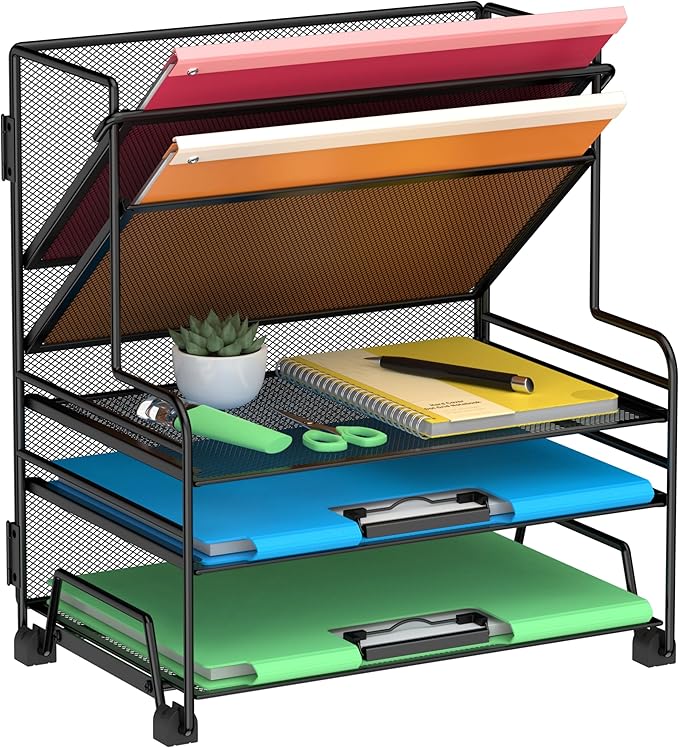 Desk File Organizer, 3-Tier Letter Tray Paper Organizer and 2-Pocket Metal Hanging Basket for Office School Classroom Organization