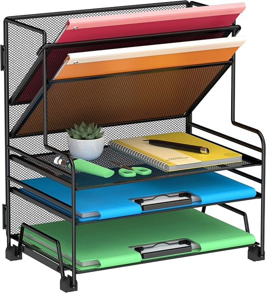 Desk File Organizer, 3-Tier Letter Tray Paper Organizer and 2-Pocket Metal Hanging Basket for Office School Classroom Organization