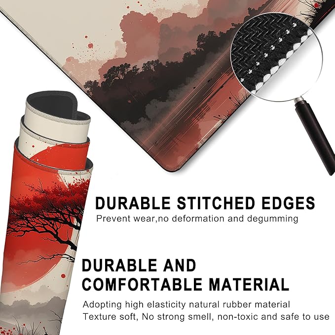 Gaming Mouse Pad, Japanese Cherry Blossom Samurai Large Desk Mat for Keyboard and Mouse,Non-Slip Rubber Base and Stitched Edges Desk Pad for Home Office 35.4x15.7in