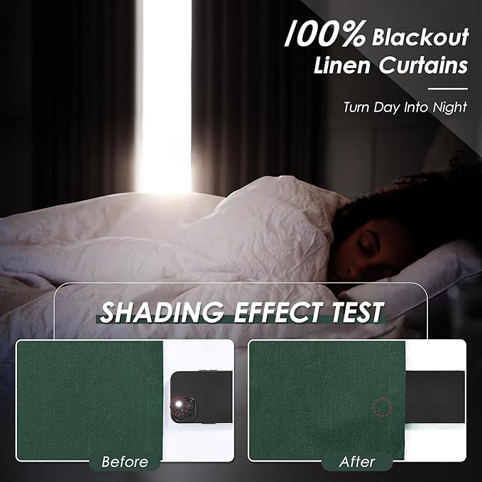Green Linen 100% Black Out Curtains 108 Inches Long 2 Panels Set for Bedroom Boho Farmhouse Back Tab Thermal Insulated Energy Efficient Room Darkening Curtains Living Room High Ceiling Length 9 FT