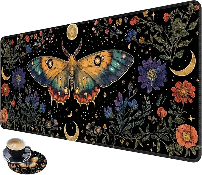 Desk Mat Large Gaming Mouse Pad (31.5x11.8 inch) with Stitched Edges, XL Mouse Pad +Coaster, Extended Mouse Mat Keybroad Mousepad Non-Slip Rubber for Gamer Men Women, Moth Moon Wild Flowers