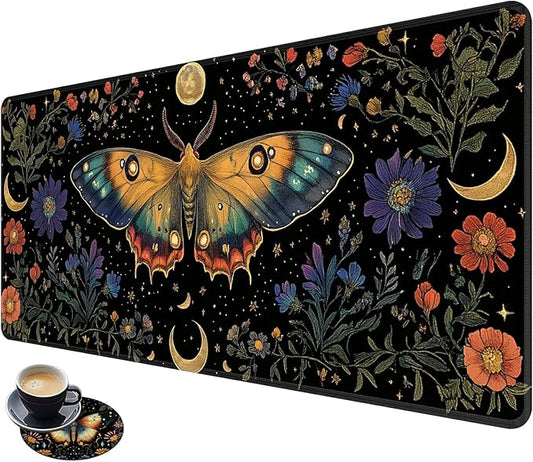 Desk Mat Large Gaming Mouse Pad (31.5x11.8 inch) with Stitched Edges, XL Mouse Pad +Coaster, Extended Mouse Mat Keybroad Mousepad Non-Slip Rubber for Gamer Men Women, Moth Moon Wild Flowers