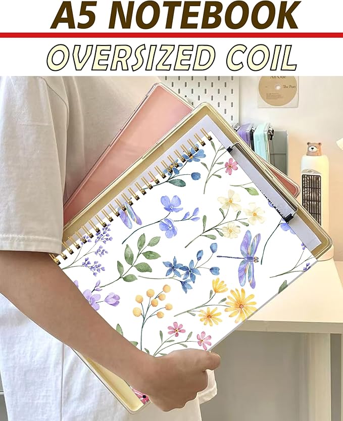 Spiral Notebook A5, Hardcover Journal for Women, 120 Pages Thick College Ruled Paper, Perfect for Office, School, or Home Use(Dragonfly and Flowers)