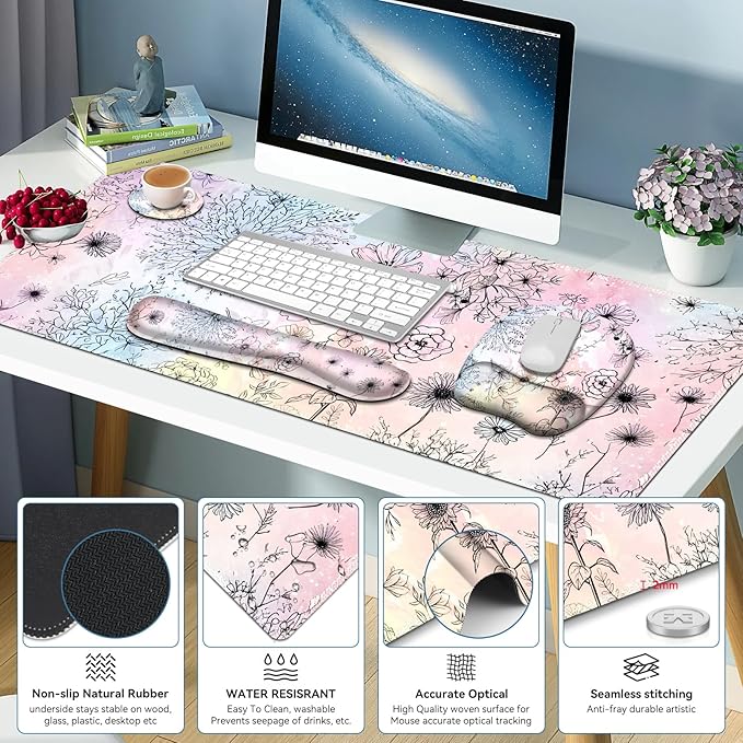 Large Mouse Pad, Keyboard Wrist Rest Set, Ergonomic Mouse Pad with Wrist Support, Desk Mat with Stitched Edges Extended Desk Pad Waterproof Desk Mat for Home Office Game I Dandelion & Sunflower
