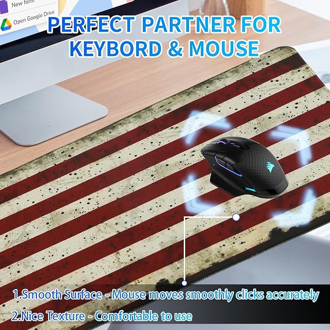 American Flag Gaming Mouse Pad, Large Mouse Pad for Desk Mat XL Mousepad, Stitched Edges Non-Slip Rubber Base Mouse Pads for Computers Laptop (USA Flag-Large-White)