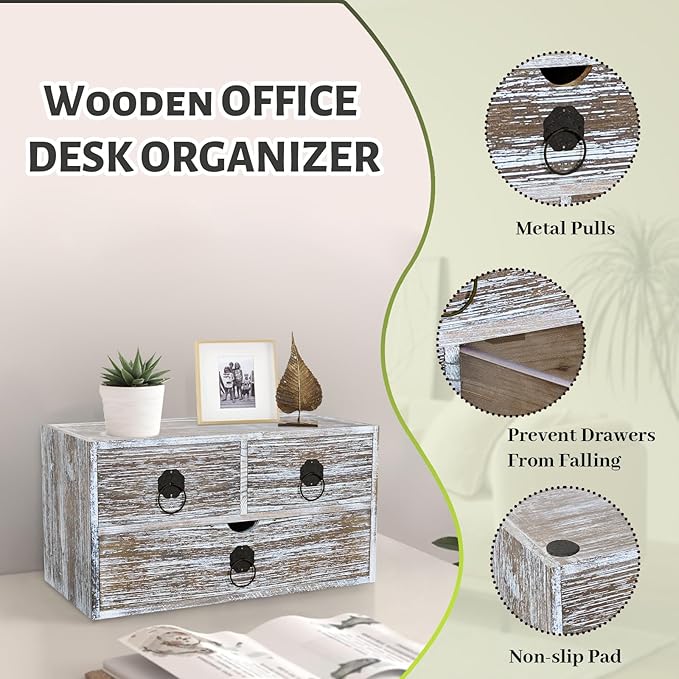 Washed Brown Wood Desk Organizer, Desktop Organizer with Drawers, Mini Tabletop Storage Organization Container for Home Office Supplies, No Assembly Required (3 Drawer)