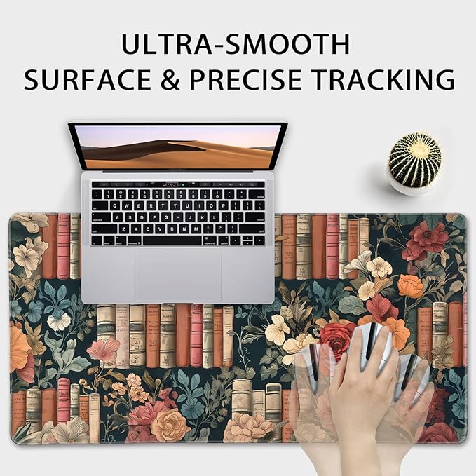 Vintage Library Floral Large Gaming Mouse Pad 31.5"x15.7"｜Books and Roses XXL Desk Mat, Non-Slip Rubber Base & Stitched Edges - Extended Waterproof Mousepad for PC/Laptop/Office/Home Decor