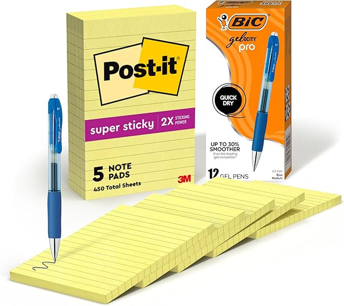 BIC Gelocity Pro Blue Gel Pens, Medium Point (0.7 mm), 12-Count Pack and Post-It Super Sticky Notes, 4 in x 6 in, Canary Yellow, Lined, 5 Pads/Pack, 90 Sheets/Pad, School and Office Supplies