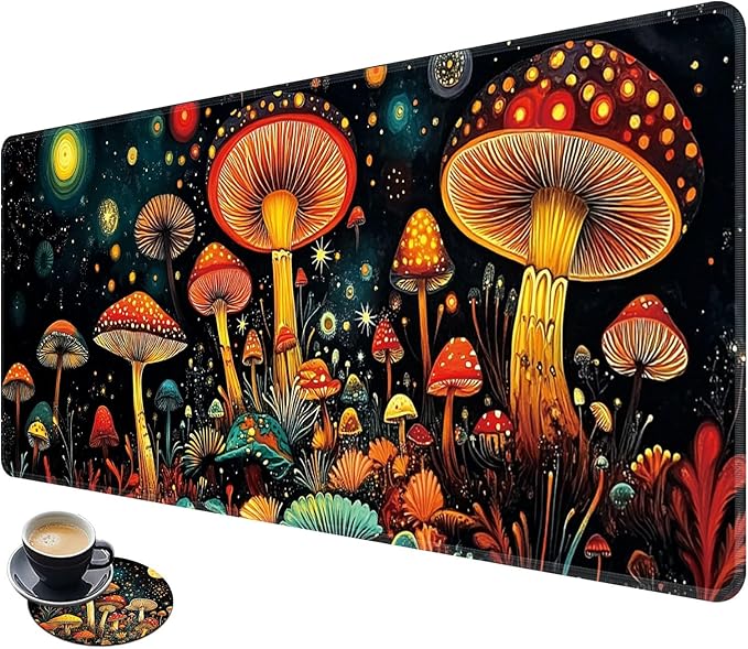 Desk Mat Large Gaming Mouse Pad (31.5x11.8 inch) with Stitched Edges, XL Mouse Pad +Coaster, Extended Mouse Mat Keybroad Mousepad Non-Slip Rubber for Gamer Men Women, Mushrooms Night