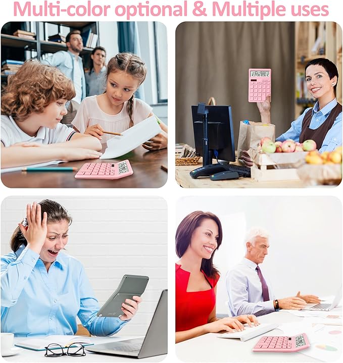 Desk Calculator 12 Digit,Pink Desktop Dual Power Battery and Solar,Desk Calculators with Large LCD Display,Perfect for Home, Office,and School Use,Auto Sleep