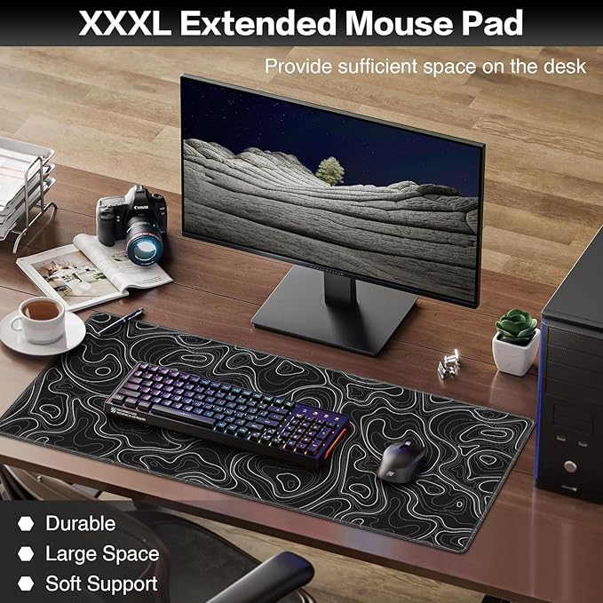 Black Mousepad, Large Mouse Pad XXL 35.4×15.7in, Extended Computer Keyboard Mouse Mat Desk Pad for Laptop with Stitched Edges, Waterproof Mousepad for Gamer Home&Office Women