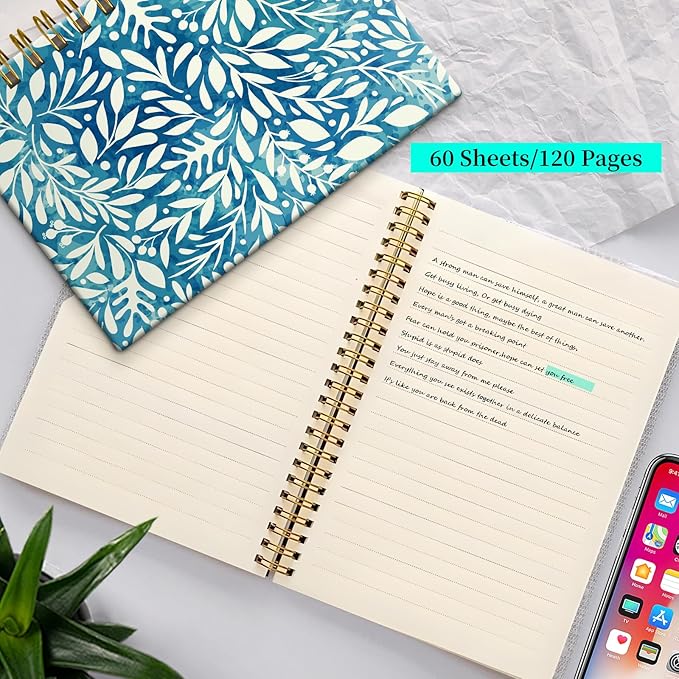 Spiral Notebook Journal for Women Men, A5 Hardcover Journal, 120 Pages Thick Paper, College Ruled Writing Notebook for School, Work & Office 8.3'' × 5.9''(Cute Plant Floral)