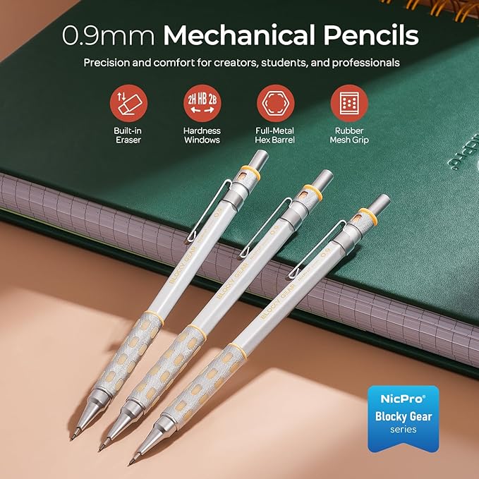 Nicpro Blocky Gear 0.9 mm Mechanical Pencils Set in Case, 3 Pack Metal Pencil 8 Tube with Lead Refills 0.9mm (HB 2B), 3 Erasers for Professional & Adult Art Writing Drafting Drawing