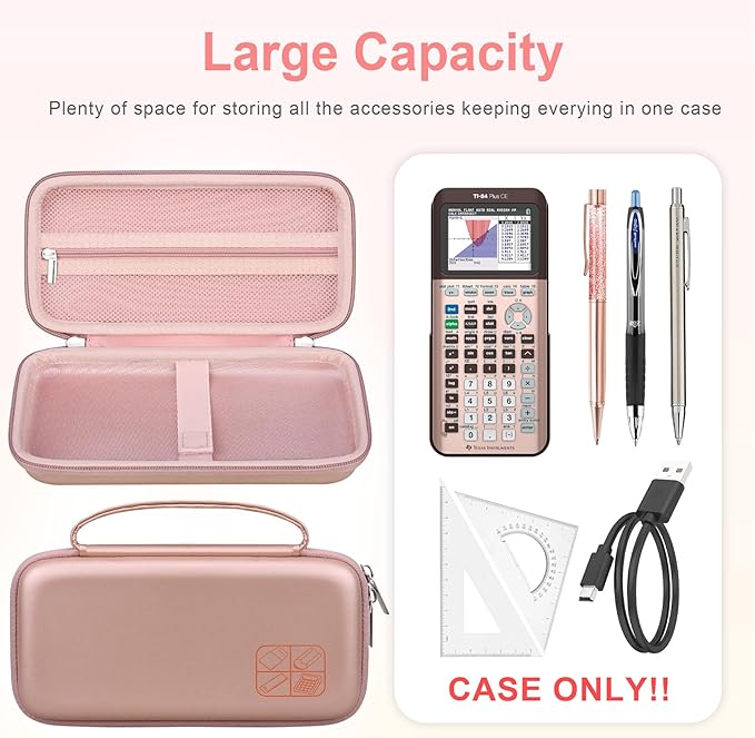 BOVKE Hard Travel Case for Texas Instruments TI-84 Plus CE/TI-84 Plus/TI-83 Plus CE/TI-83 Plus/Casio fx-9750GIII Graphing Calculator, Mesh Pocket for USB Cables, Manual, Pens, Accessories, Rosegold