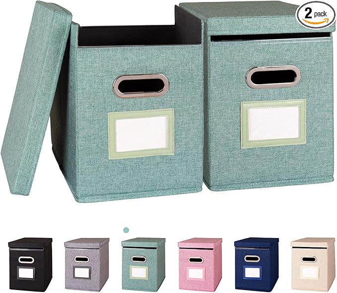 2 Pack Hanging File Folders Organizer with Lid, Letter Size Fabric File Storage Box Collapsible, Portable Office Document Holder with Metal Handle, Smooth PVC Rails, Green