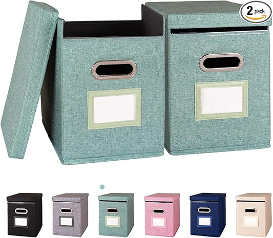 2 Pack Hanging File Folders Organizer with Lid, Letter Size Fabric File Storage Box Collapsible, Portable Office Document Holder with Metal Handle, Smooth PVC Rails, Green