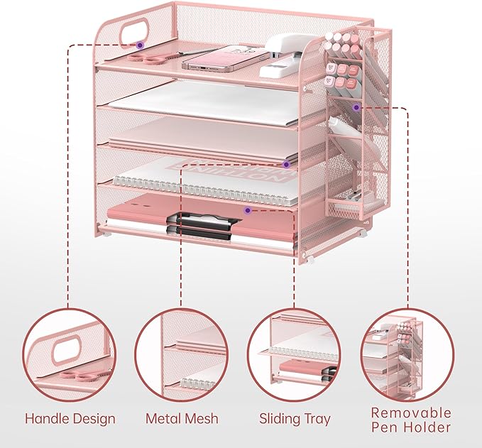 SUPEASY 5 Tier Desk Organizer with Handle & Removable Pen Holders, Mesh Paper/File Organizer for Desk, Paper Letter Tray Organizer for Office Supplies (Pink)