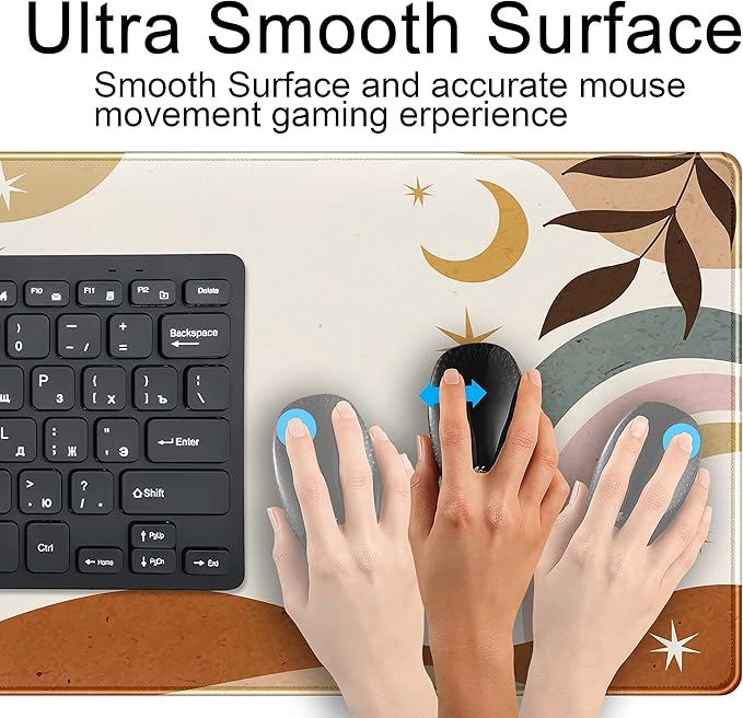 Boho Desk Mat, Abstract Retro Plant Large Mouse Pad, XXL Gaming Large Mousepad 31.5x15.7 in, Brown Grey Boho Aesthetic Desk Pad for Women Office Decor Laptop Keyboard Mouse Mat