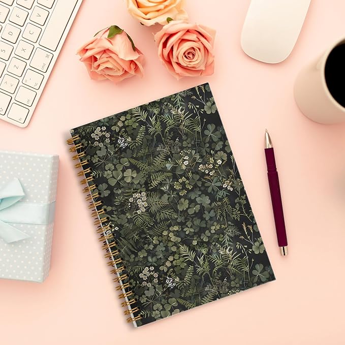 Dark Green Botanical Notebook, Cottagecore Wildflower Plant Journal, Vintage Fern Herb Leaf Floral Journal for Writing, Rustic Spiral Notebook 5.5x8.3 Inch