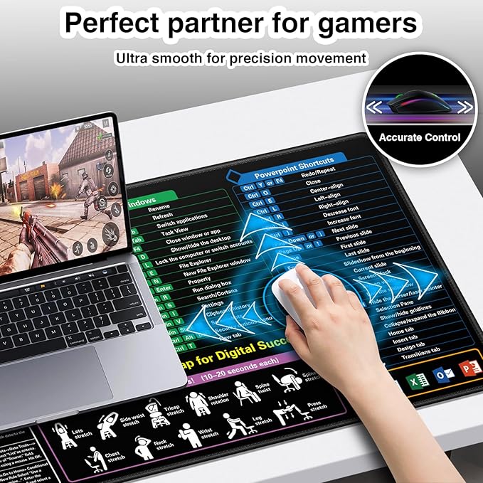 Excel Cheat Sheet Mouse Pad, Extra Large Excel Shortcuts Desk Mat, XXL 35.4"x15.7" Waterproof Keyboard Mousepad for Full Desk Office Work Computer Gaming Mouse Mat with Stitched Edges Anti-Slip