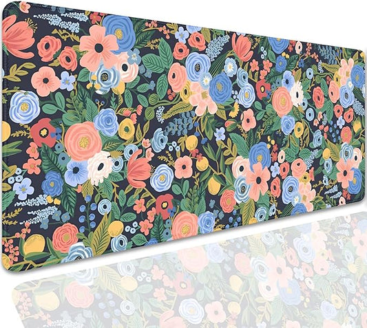 Garden Party Flowers Desk Pad Mouse Pad,Large Floral Mouse Mat with Stitched Edges,Non-Slip Rubber Base Mousepad for Office PC Keyboard Laptop and Home Work Desk Mat(27.5X11.8 in)