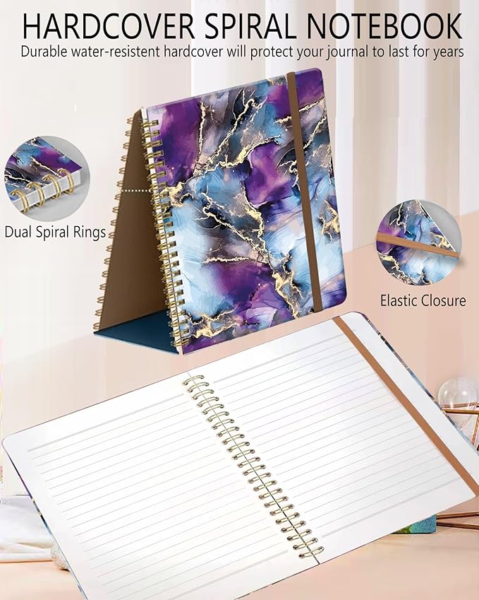 Spiral Journal Notebook, A5 Cute Notebooks for Women Men, College Ruled Hardcover Notebook for Work & Note Taking, 60 Pages Double-Wire Journals for Writing, Luxury Purple Marble