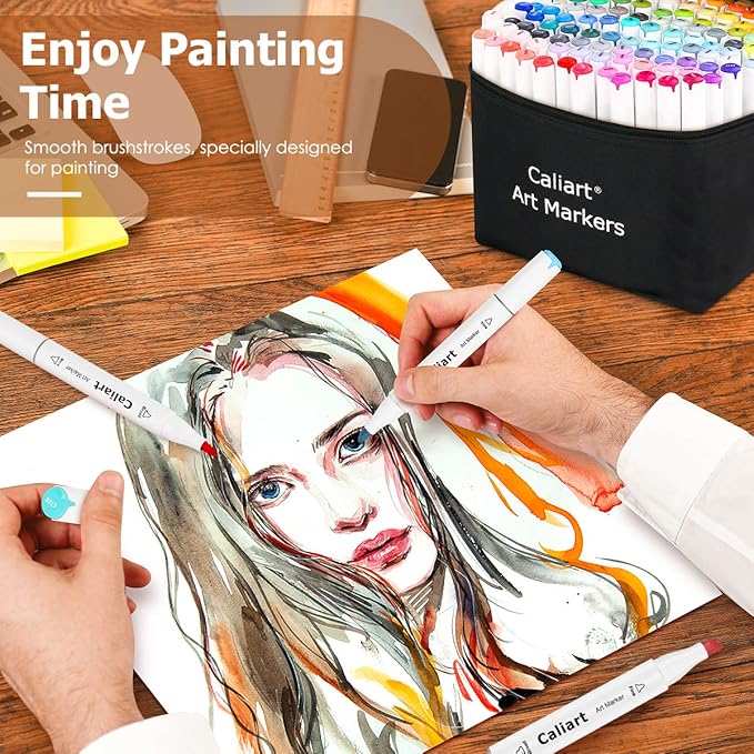Caliart Alcohol Based Markers, 24 Colors Dual Tip Art Marker Set Fine & Chisel, Permanent Colored Pens for Adults Coloring Book Artists Illustration Sketch Lettering Drawing Cards Planner