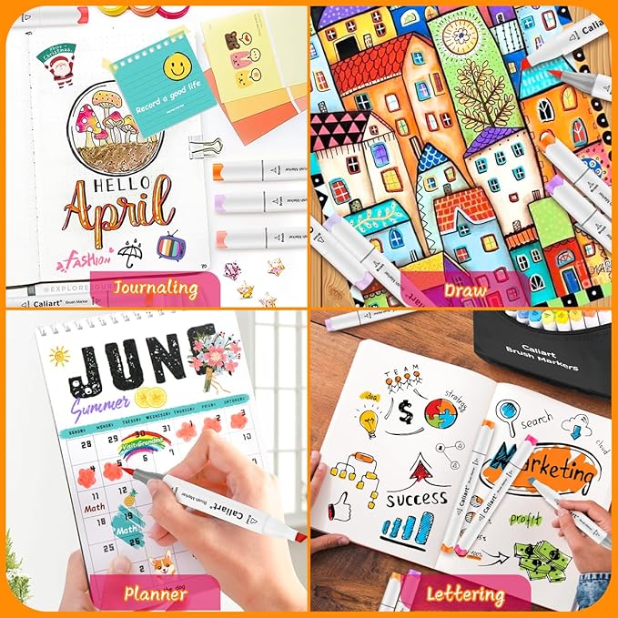 Caliart Alcohol Based Markers, 52 Colors Dual Tip Art Marker Set Fine & Chisel, Permanent Colored Pens for Adults Coloring Book Artists Illustration Sketch Lettering Drawing Cards Planner