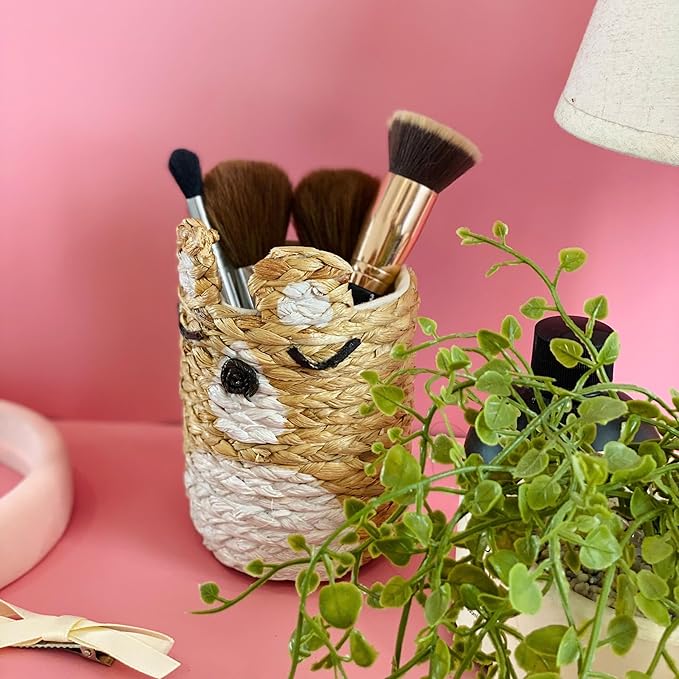 Decorative pen cup for home office desk organizer, round baskets for décor, wooden pencil holder, small makeup brush holder (2)